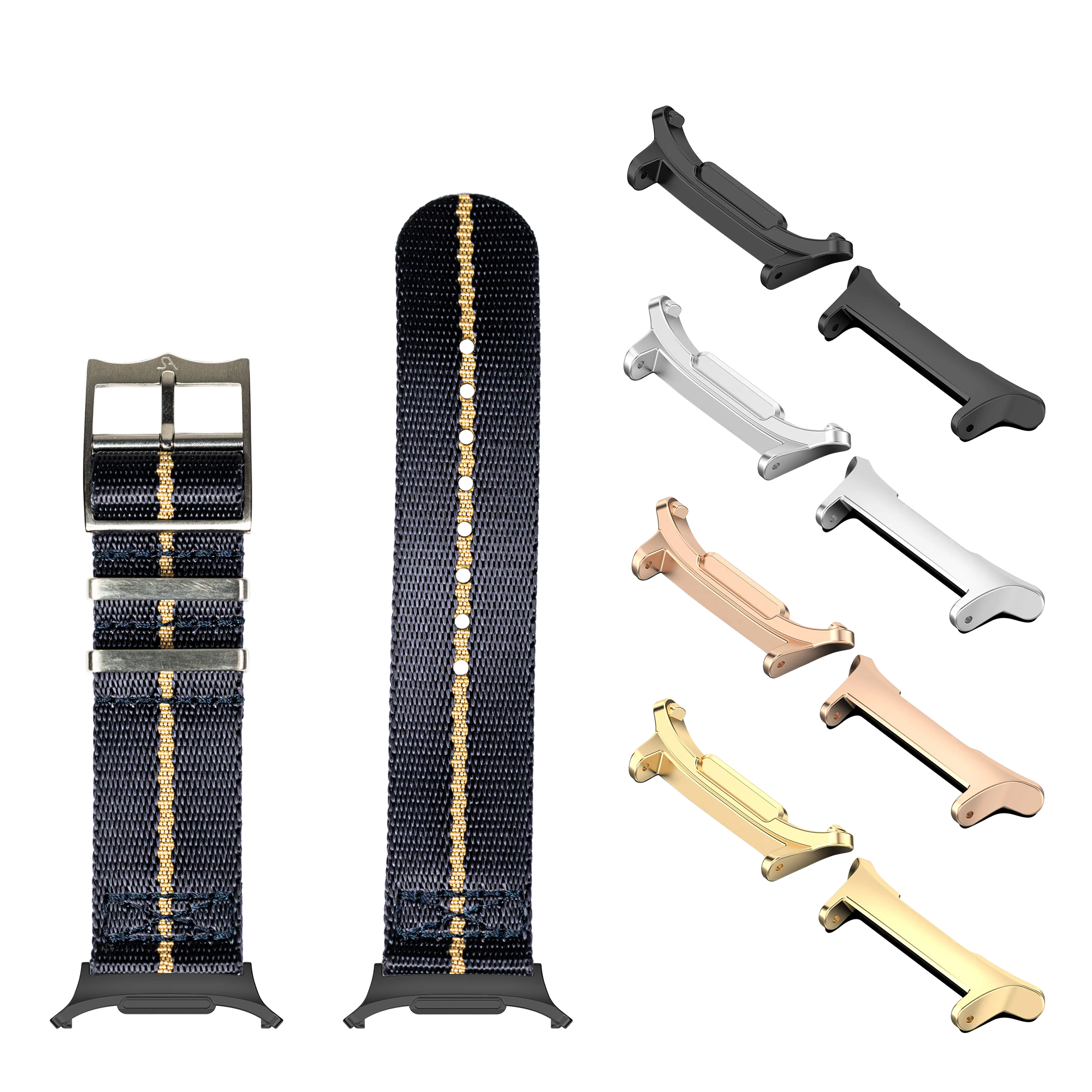 Navy blue military-style watch band with gold hardware in multiple finish options including black, silver, rose gold, and gold hardware clips