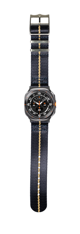 Black dial military watch with navy blue and wheat striped fabric strap and steel buckle