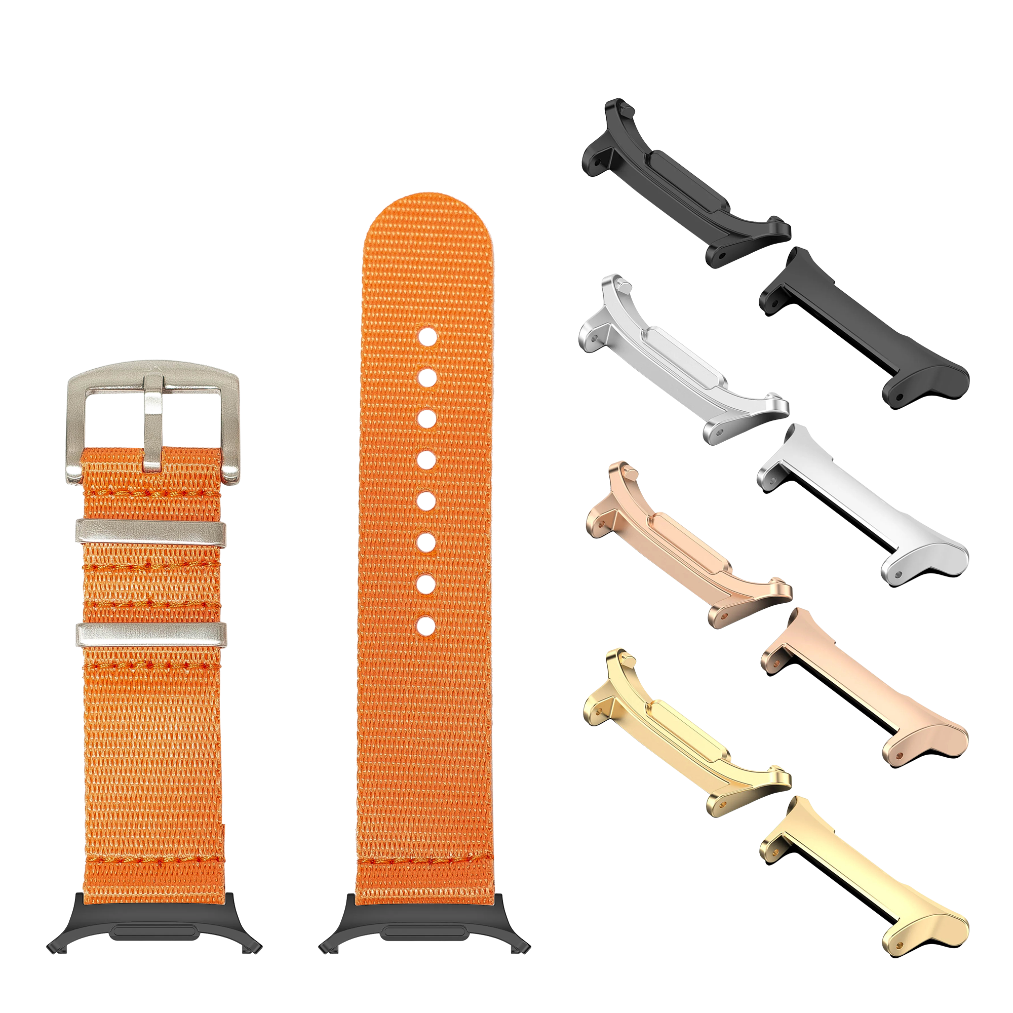 Orange Supreme Militex watch band with interchangeable metal connectors in silver, rose gold, gold, and black for Galaxy Watch 8 Ultra