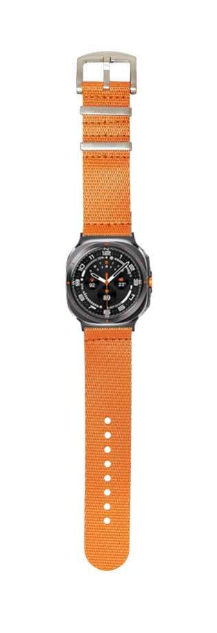 Sports watch with black dial and orange fabric strap, featuring military-style design with compass bezel and orange woven band