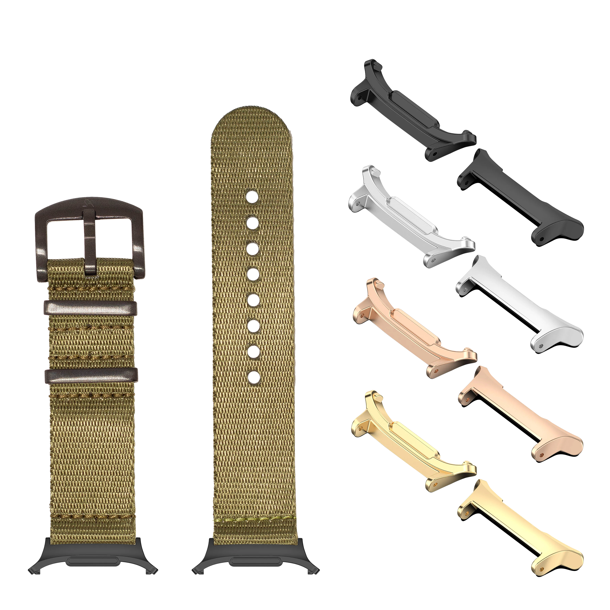 Olive green fabric watch band with black hardware and matching interchangeable metal adapters in gold, rose gold, silver and black finishes