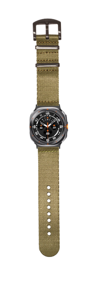 Military tactical smartwatch with olive green canvas strap, black dial and hardware, and dark gray case