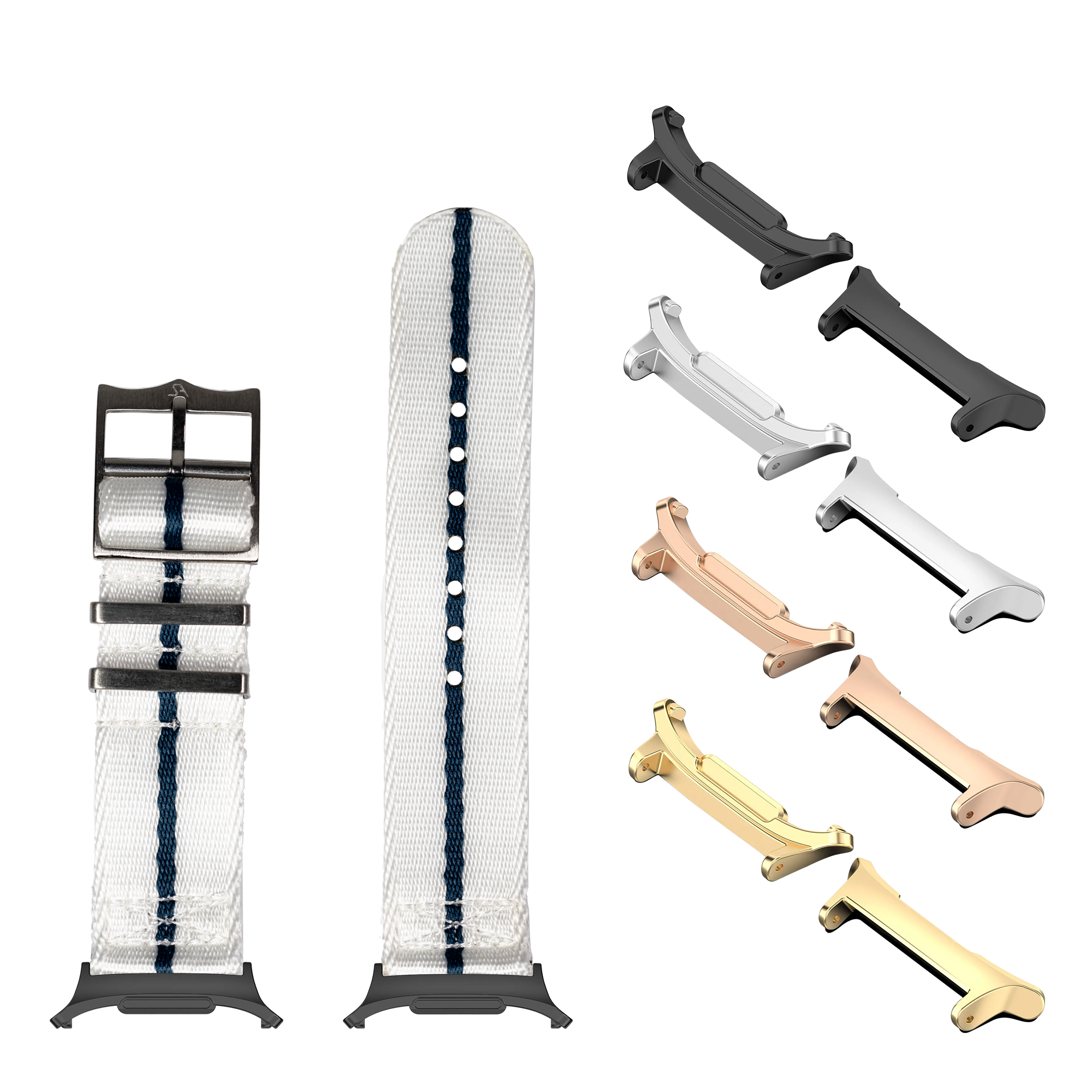 Military-grade watch bands in white with blue stripe, includes multiple metal hardware options in black, silver, rose gold, and gold finishes