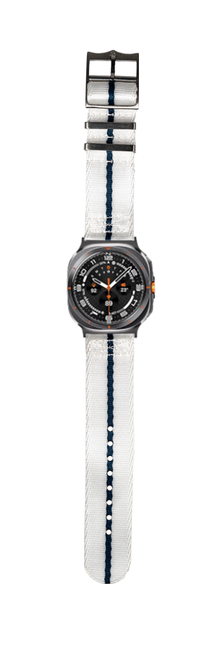 Men's sport watch with black dial, orange accents, and white canvas strap with blue stripe detail