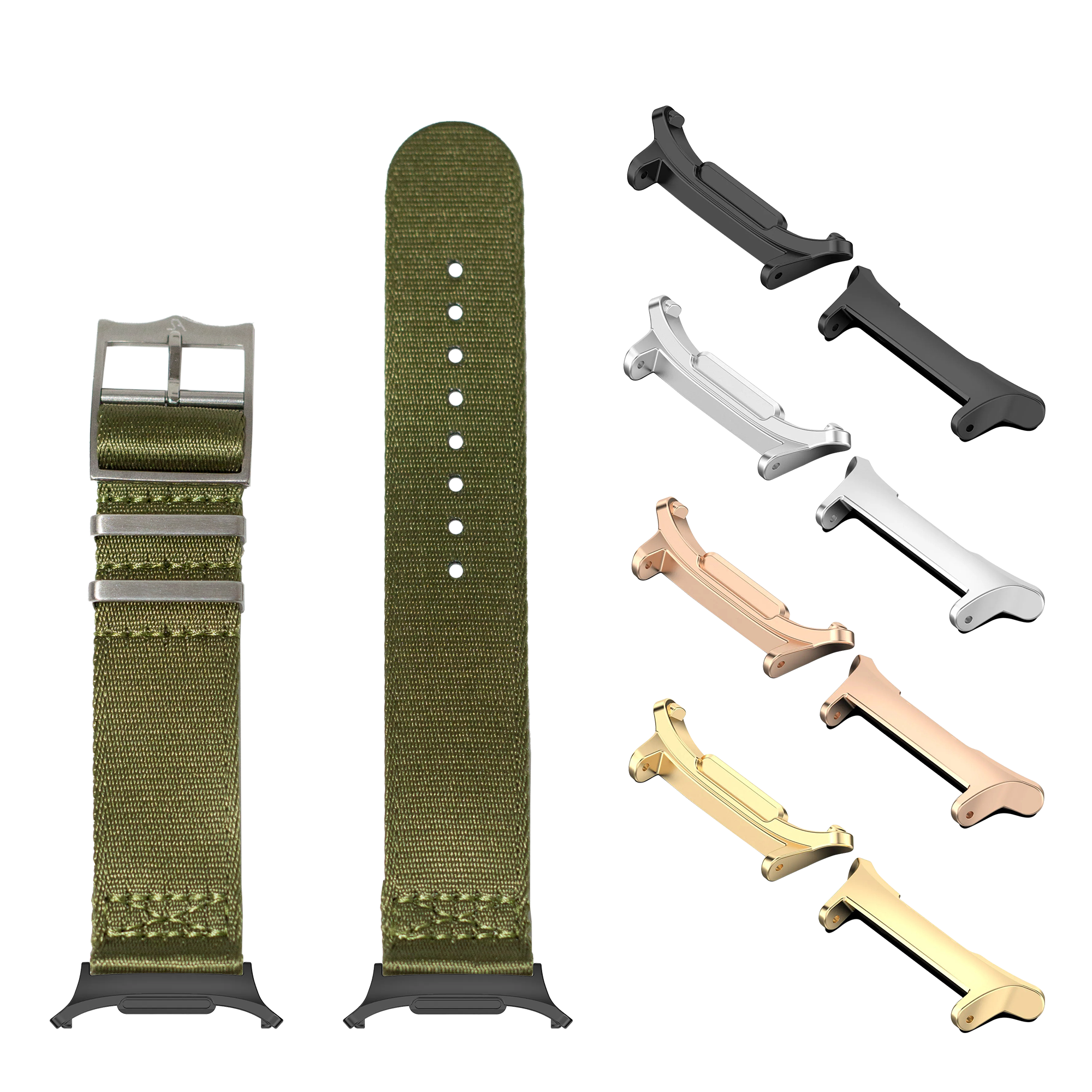 Olive green Milanese and fabric watch bands with matching metal buckle and multiple interchangeable lugs in black, silver, rose gold and gold finishes for Galaxy Watch compatibility