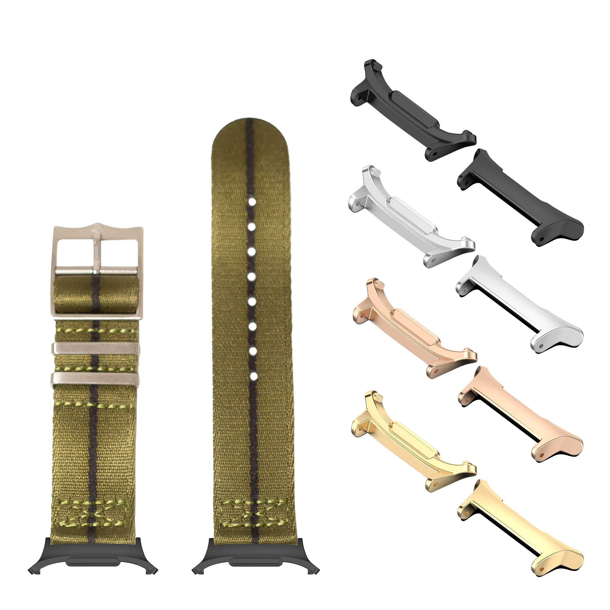 Galaxy Watch 8 Ultra Militex army green fabric band with black stripe, buckle, and multiple metal lugs in gold, rose gold, silver, and black finishes