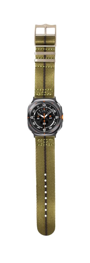 Military watch with olive green fabric strap, black dial, orange accents, and brass-tone buckle on white background