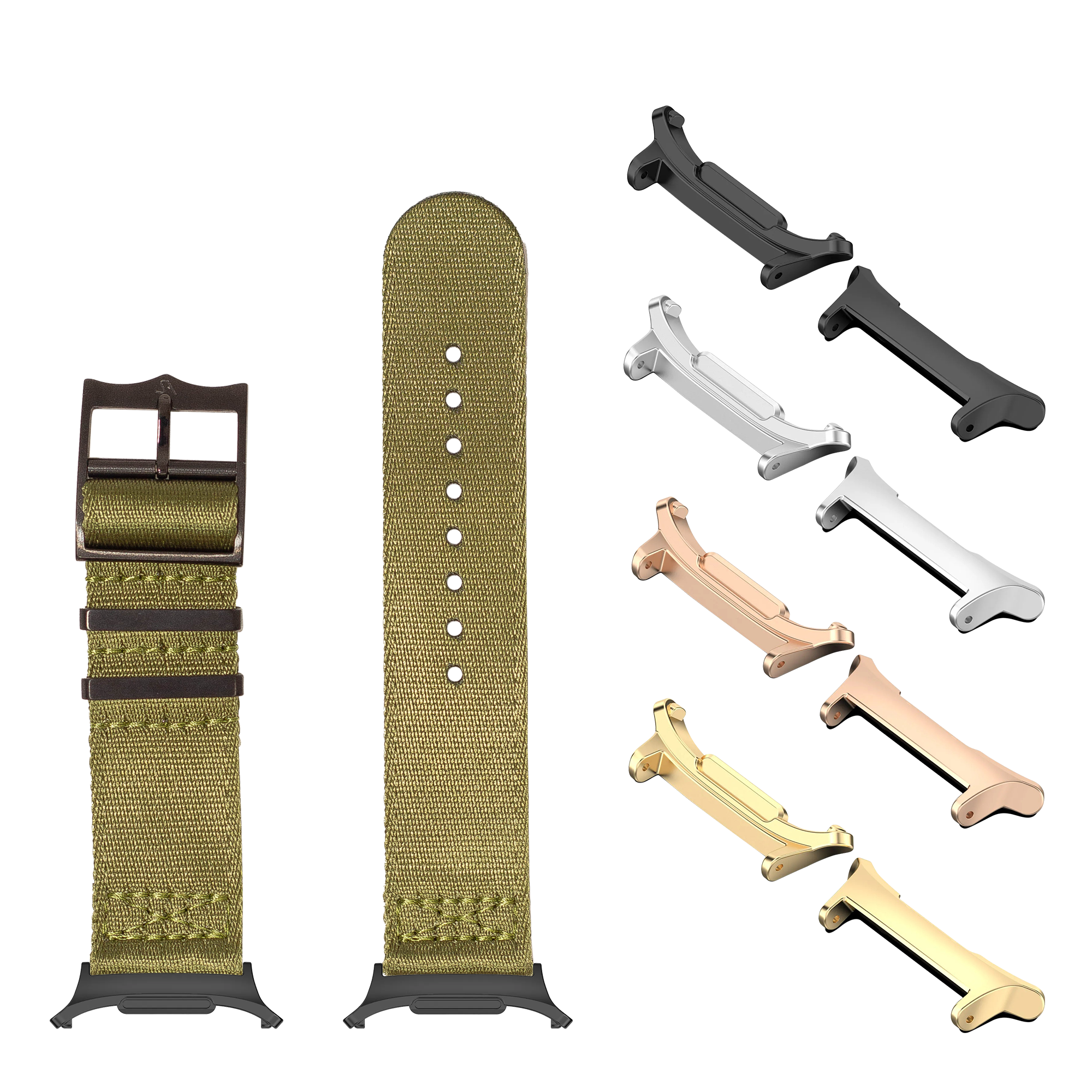 Galaxy Watch 8 Ultra Militex army green band with black hardware, buckle, and interchangeable metal lugs in silver, rose gold, and gold finishes