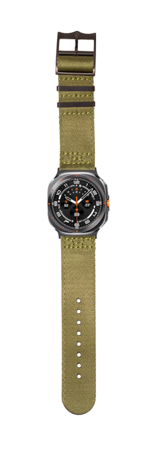 Military-style smartwatch with olive green canvas strap, black bezel, and orange accent hands on black dial face