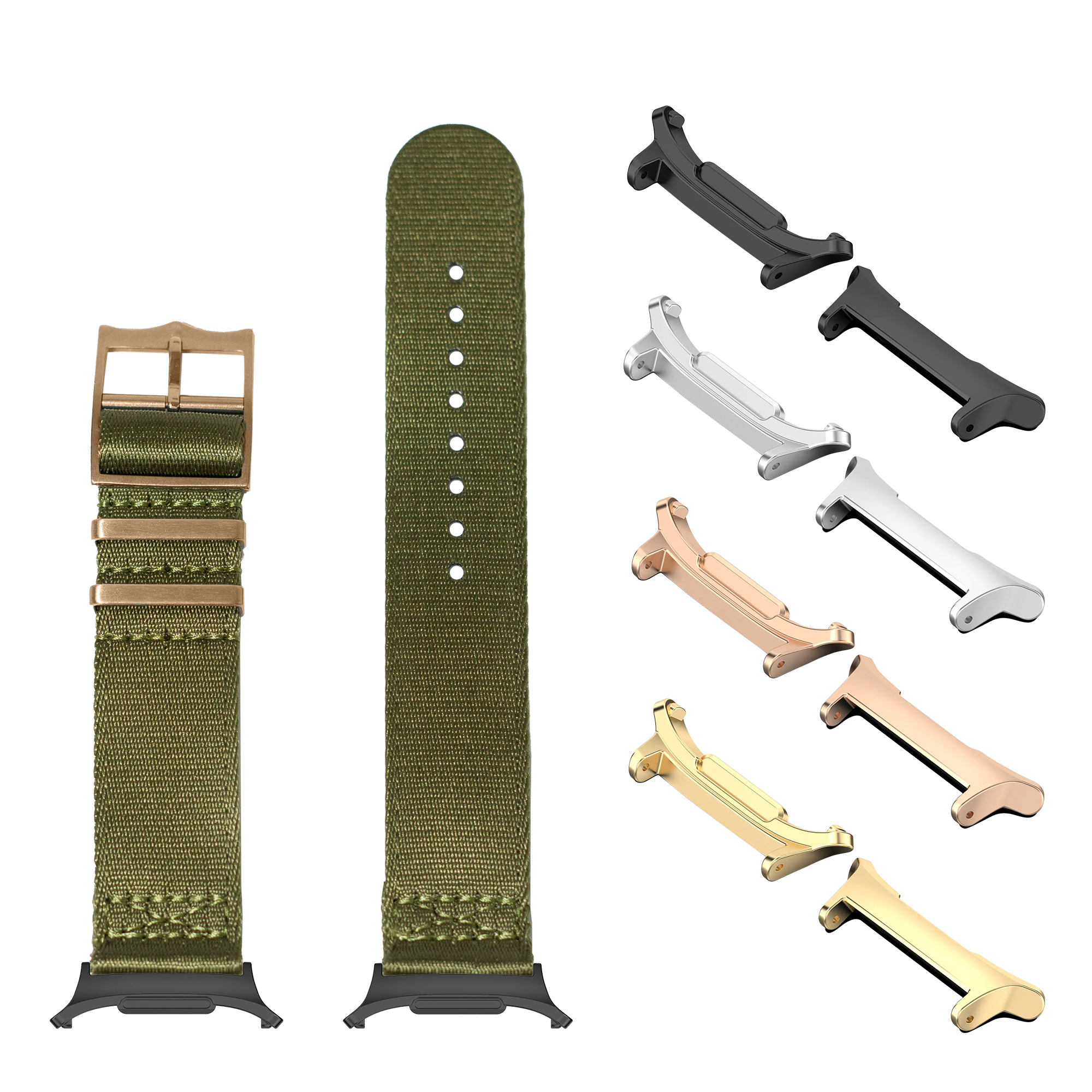 Galaxy Watch band and hardware set in army green with rose gold, including fabric strap, buckle, and multiple connector options