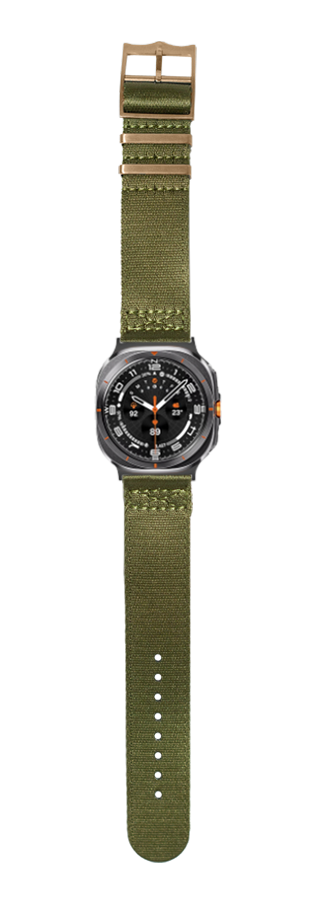 Military-style smartwatch with black dial, orange accents, and olive green fabric strap with bronze hardware