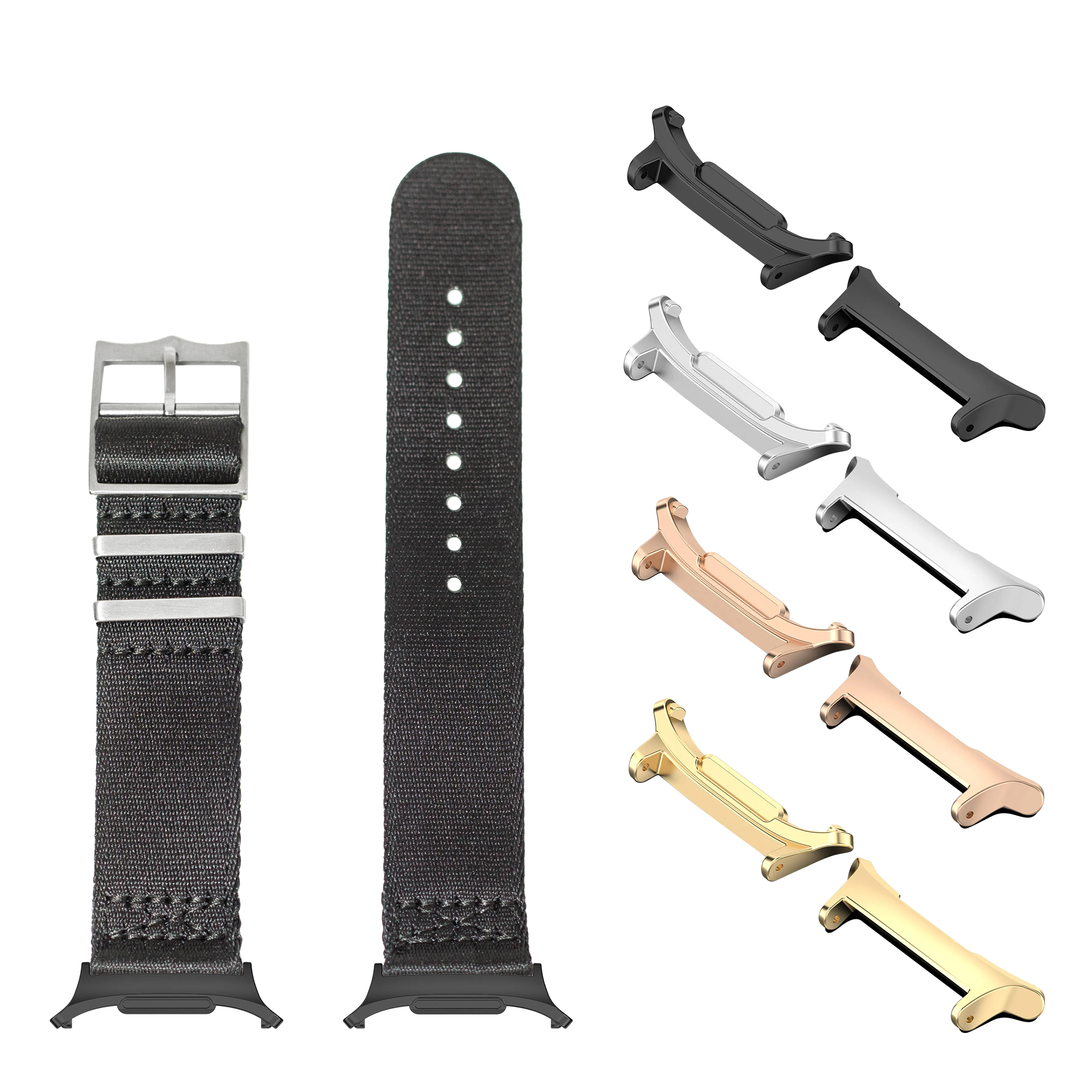 Black fabric watch band with metal buckle and interchangeable lugs in multiple finishes including silver, rose gold, and gold
