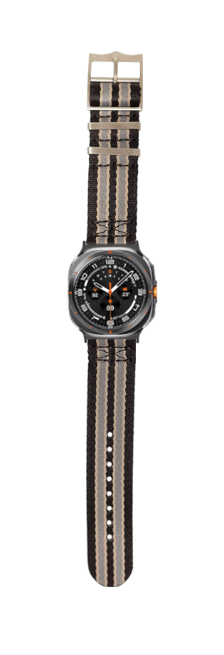 Men's military-style watch with black dial, orange accents, and striped black beige grey fabric strap