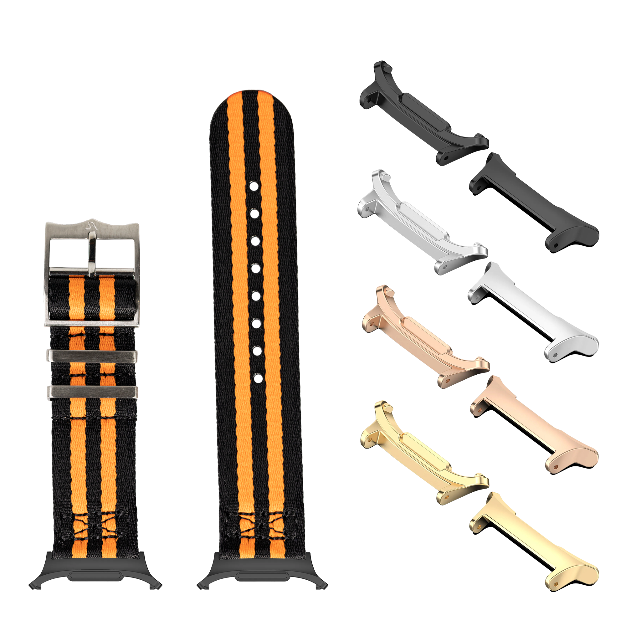 Black and orange striped military watch strap with interchangeable metal lugs in multiple finishes including black, silver, rose gold and gold
