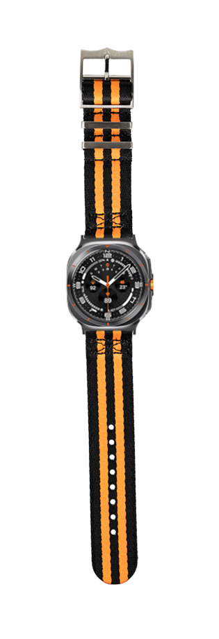 Black and orange striped military watch strap with dark gray sport watch face and orange accents