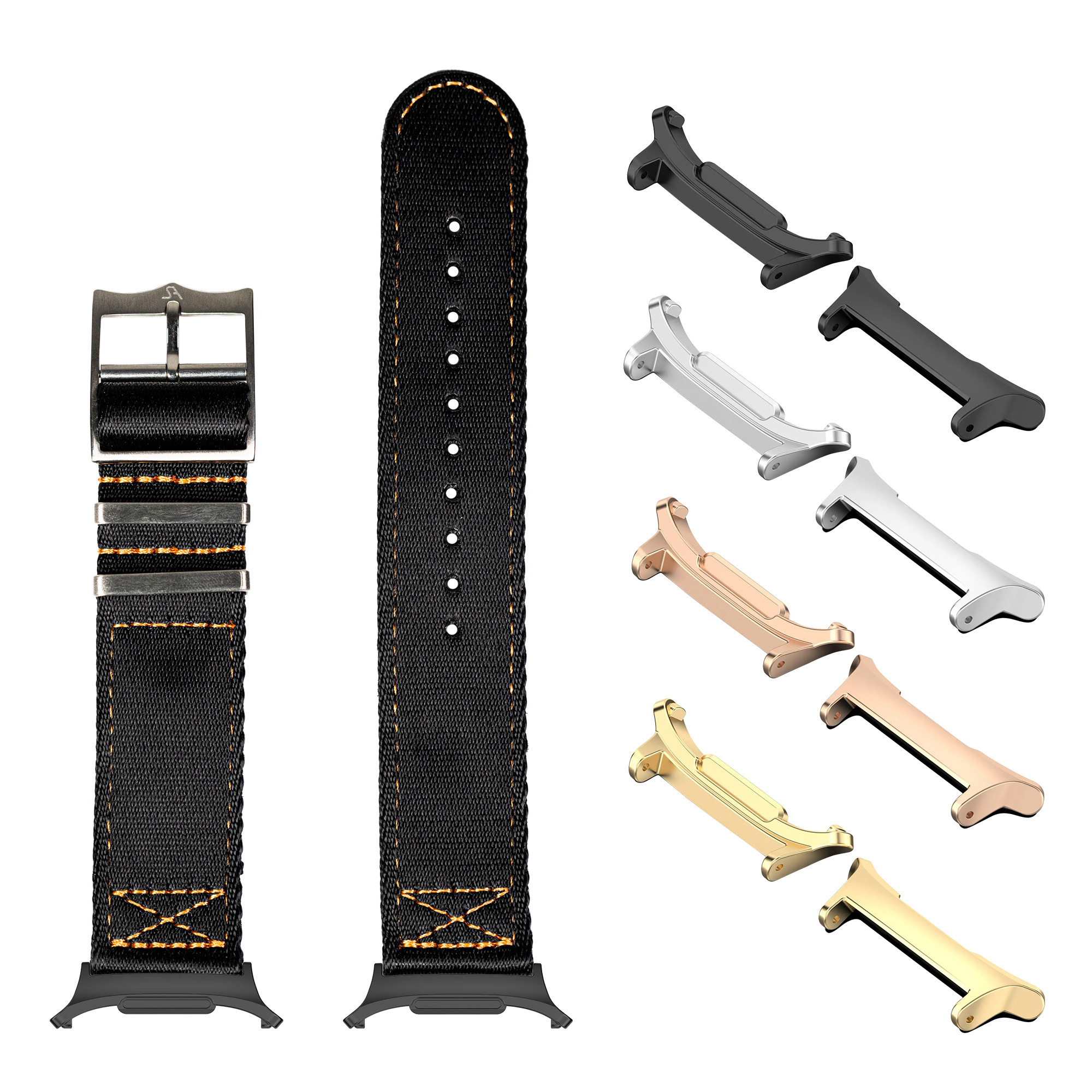 Watch band set with black nylon straps, metal buckle, and interchangeable lugs in multiple finishes including gold, rose gold, and silver