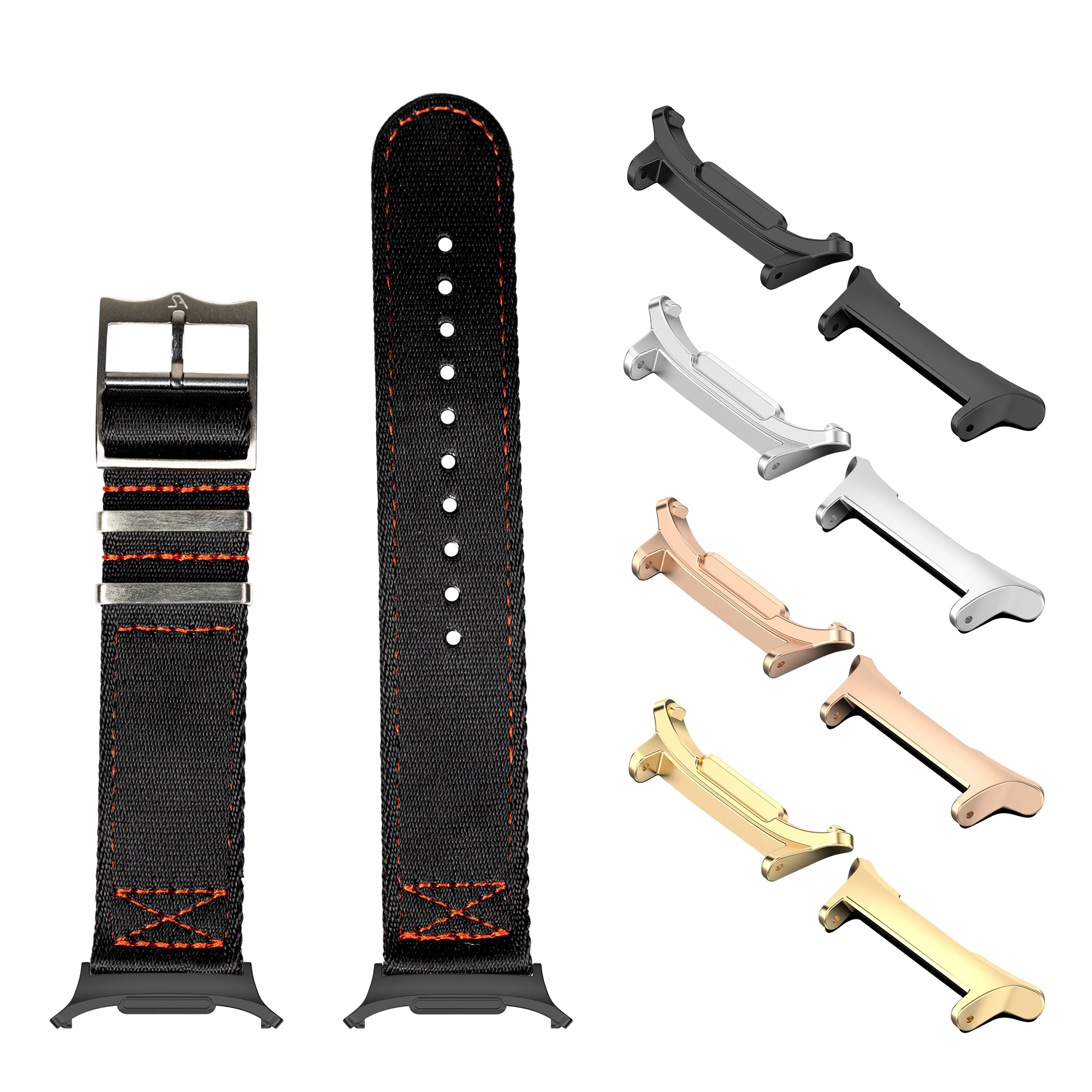 Galaxy Watch bands set with black nylon straps, metal buckle, and interchangeable lugs in gold, rose gold, silver, and black finishes