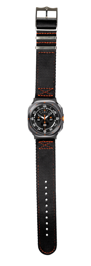 Black sports watch with orange stitched canvas band and titanium case, military-style dial with date window