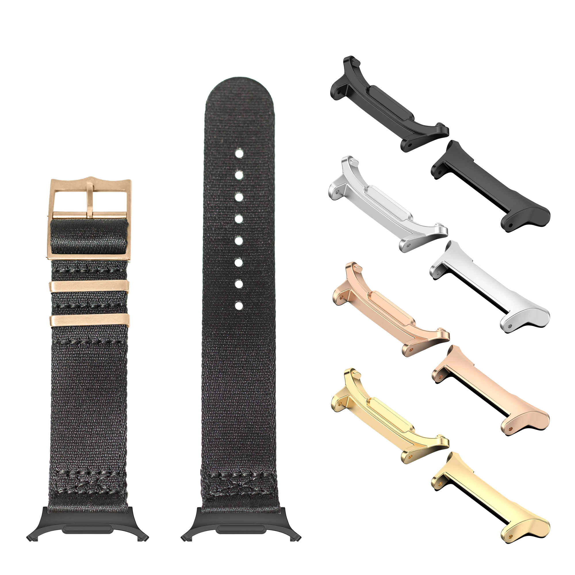 Watch bands and metal connectors for Galaxy Watch in black textile with rose gold, gold, silver and black hardware options
