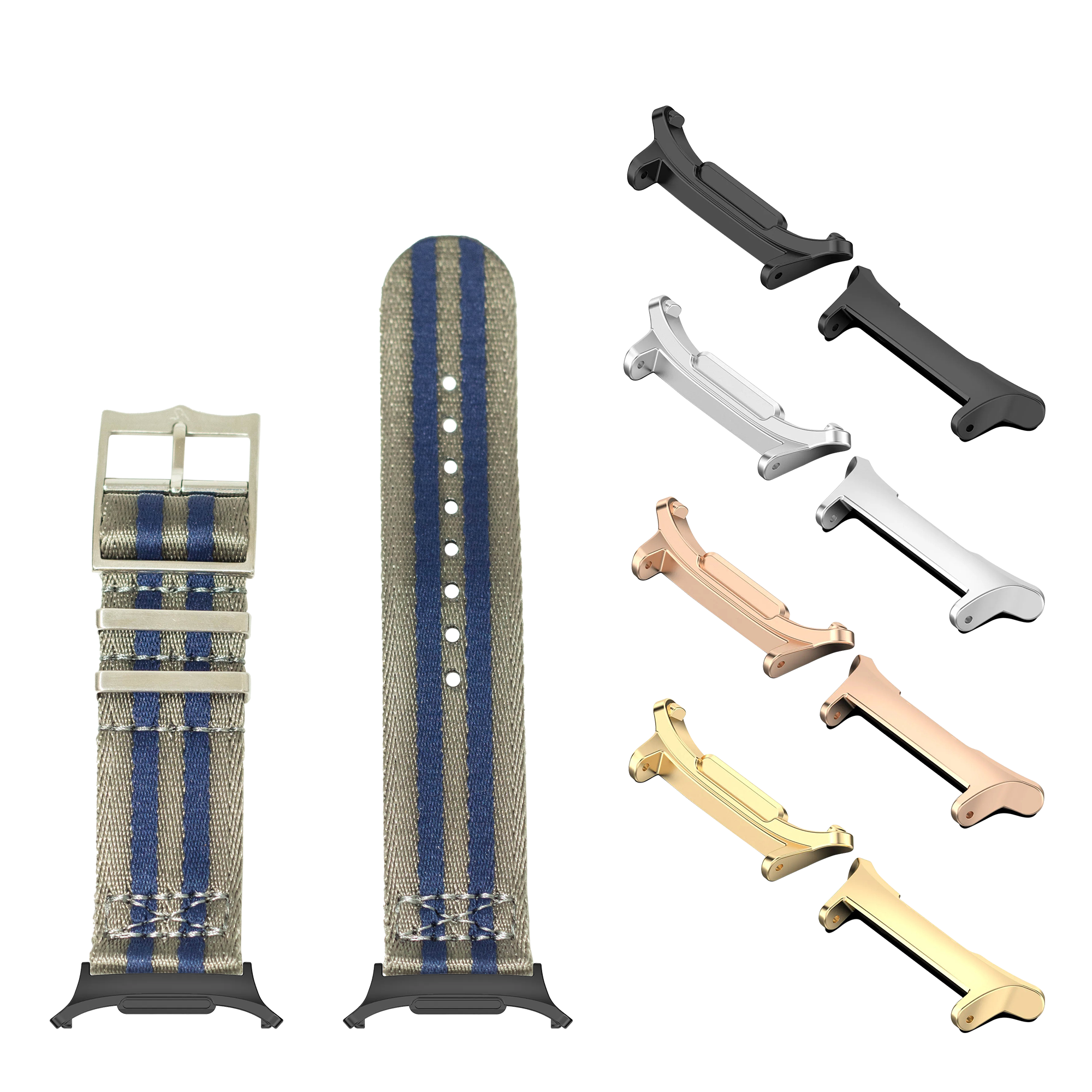 Military-style watch straps and metal hardware in multiple finishes including black, silver, rose gold and champagne gold with blue striped textile band