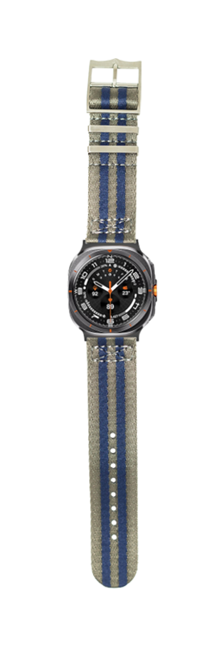 Black steel sports watch with blue and gray striped fabric band, orange accents, analog dial with date window