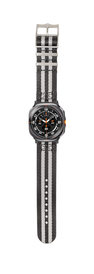Black and grey striped military fabric watch band with round black dial chronograph watch and orange accents