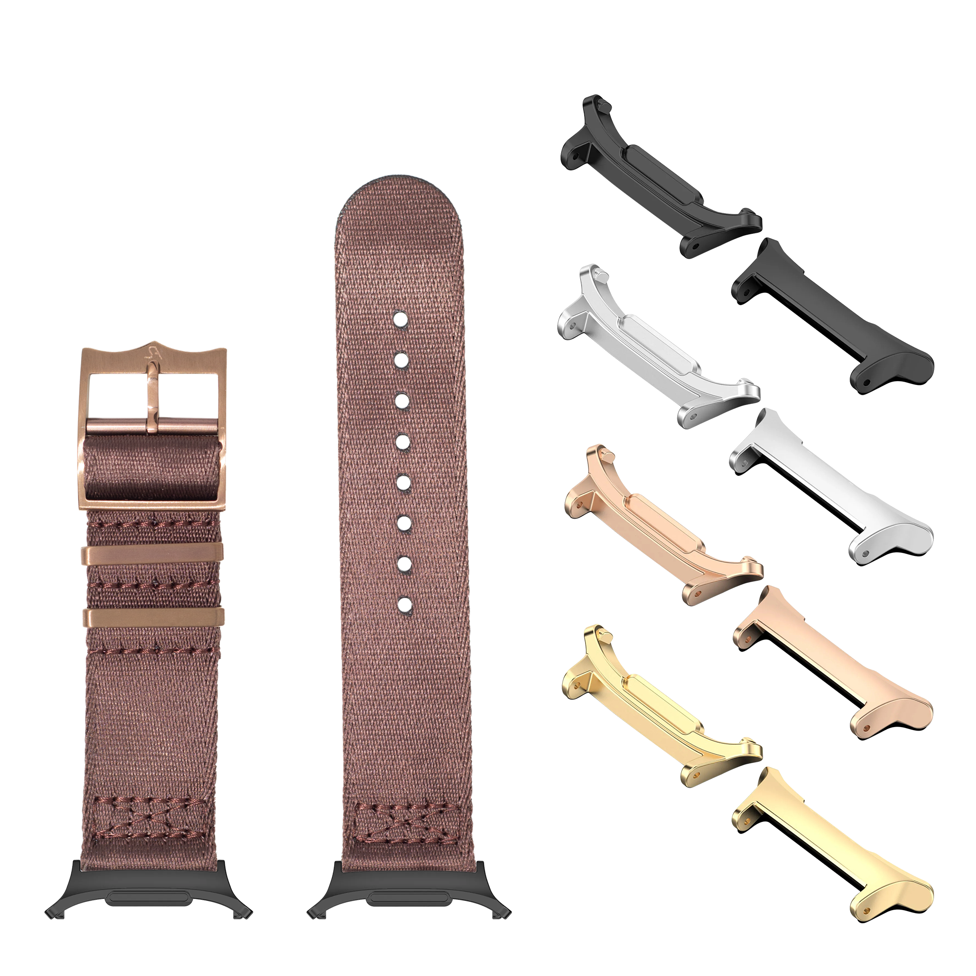 Galaxy Watch band and accessory collection featuring coffee brown militex fabric strap with rose gold, silver, rose gold, and gold metal connectors and lugs