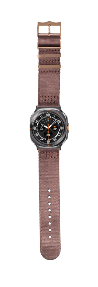 Men's square sport watch with black dial, orange accents, and coffee brown canvas military-style strap