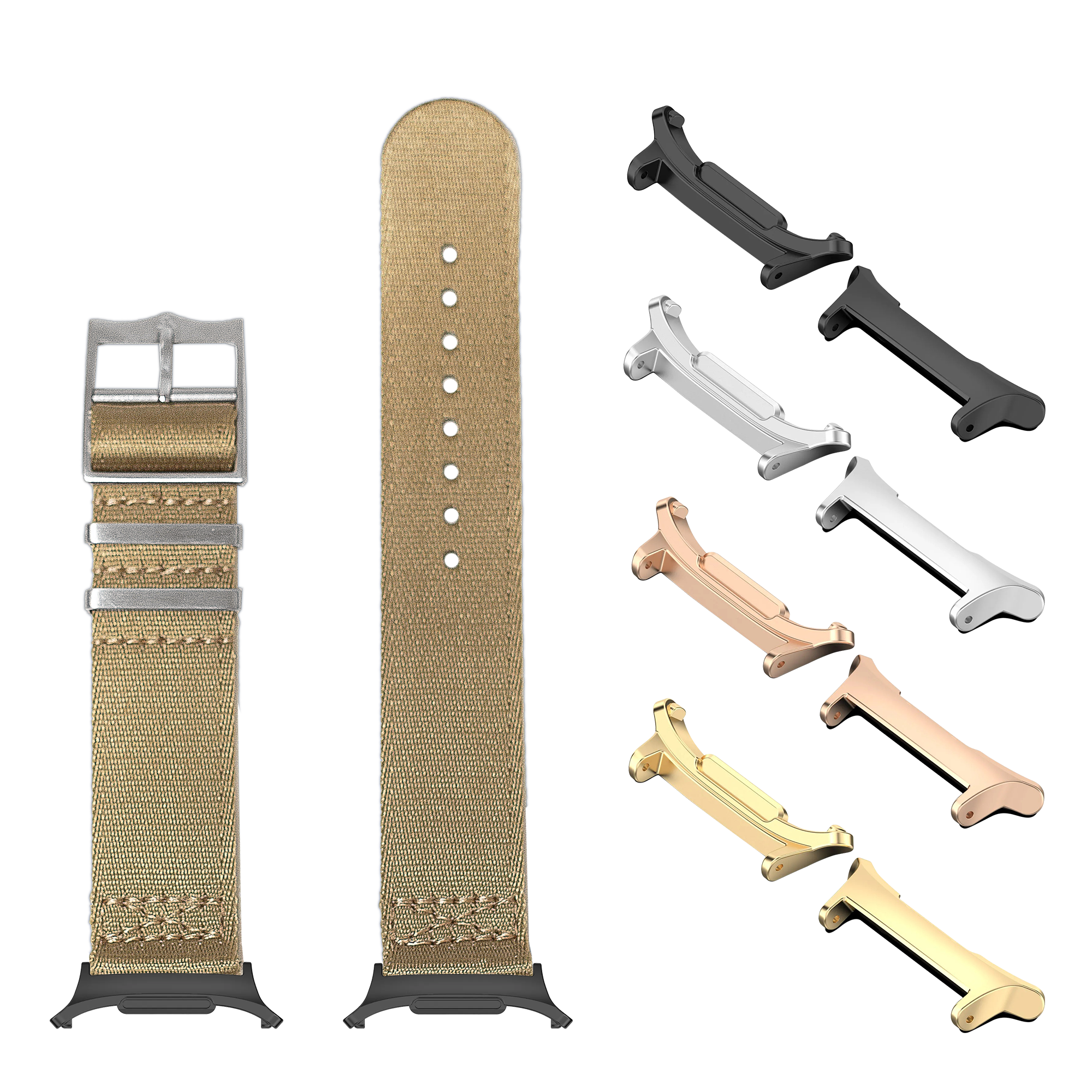Tan fabric smart watch band with metal buckle and interchangeable lugs in black, silver, rose gold, and gold finishes