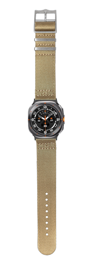Military-style smartwatch with black dial, orange accents, and desert sand canvas band with metal hardware