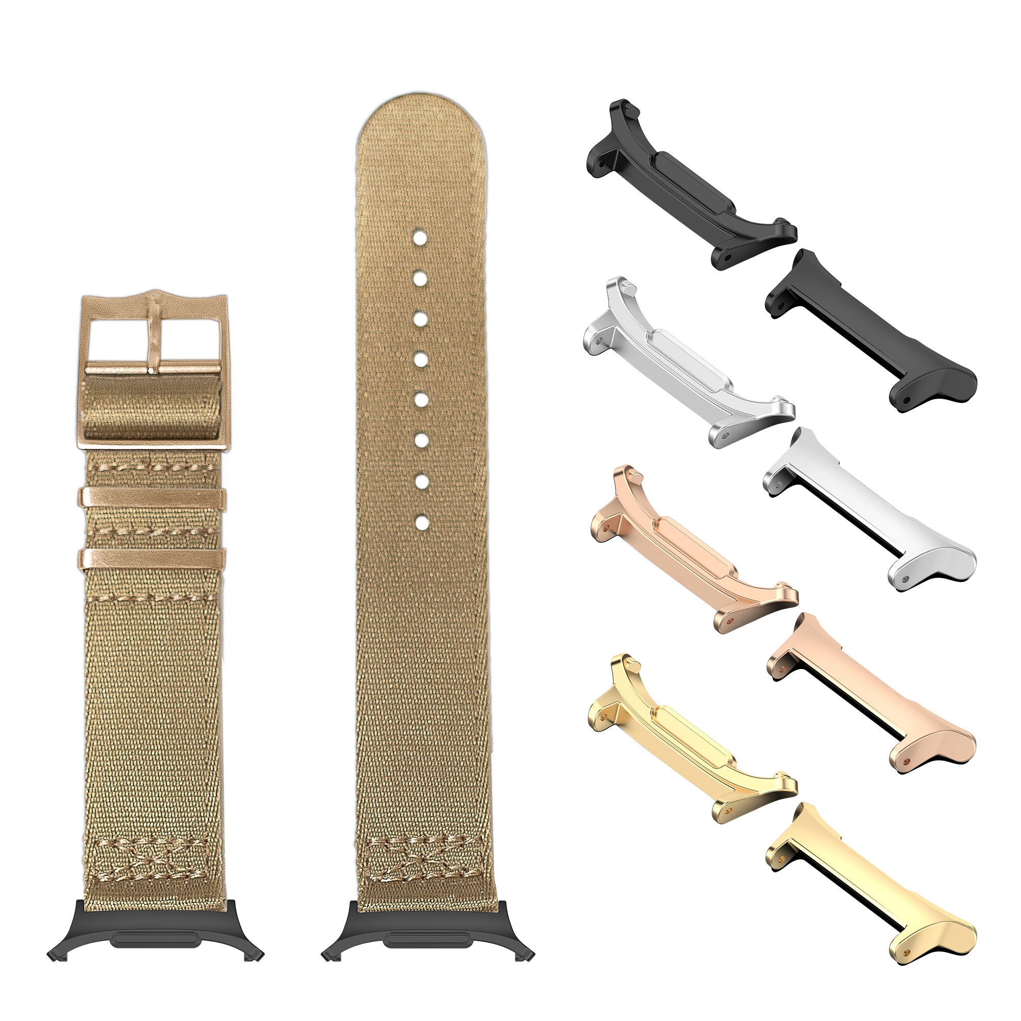 Smartwatch band and hardware accessory set in desert sand with rose gold, including fabric strap, multiple metal lugs in black, silver, rose gold and gold finishes