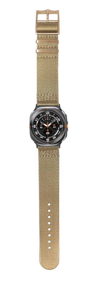 Tactical military smartwatch with black dial, orange accents, and desert sand canvas strap with rose gold hardware