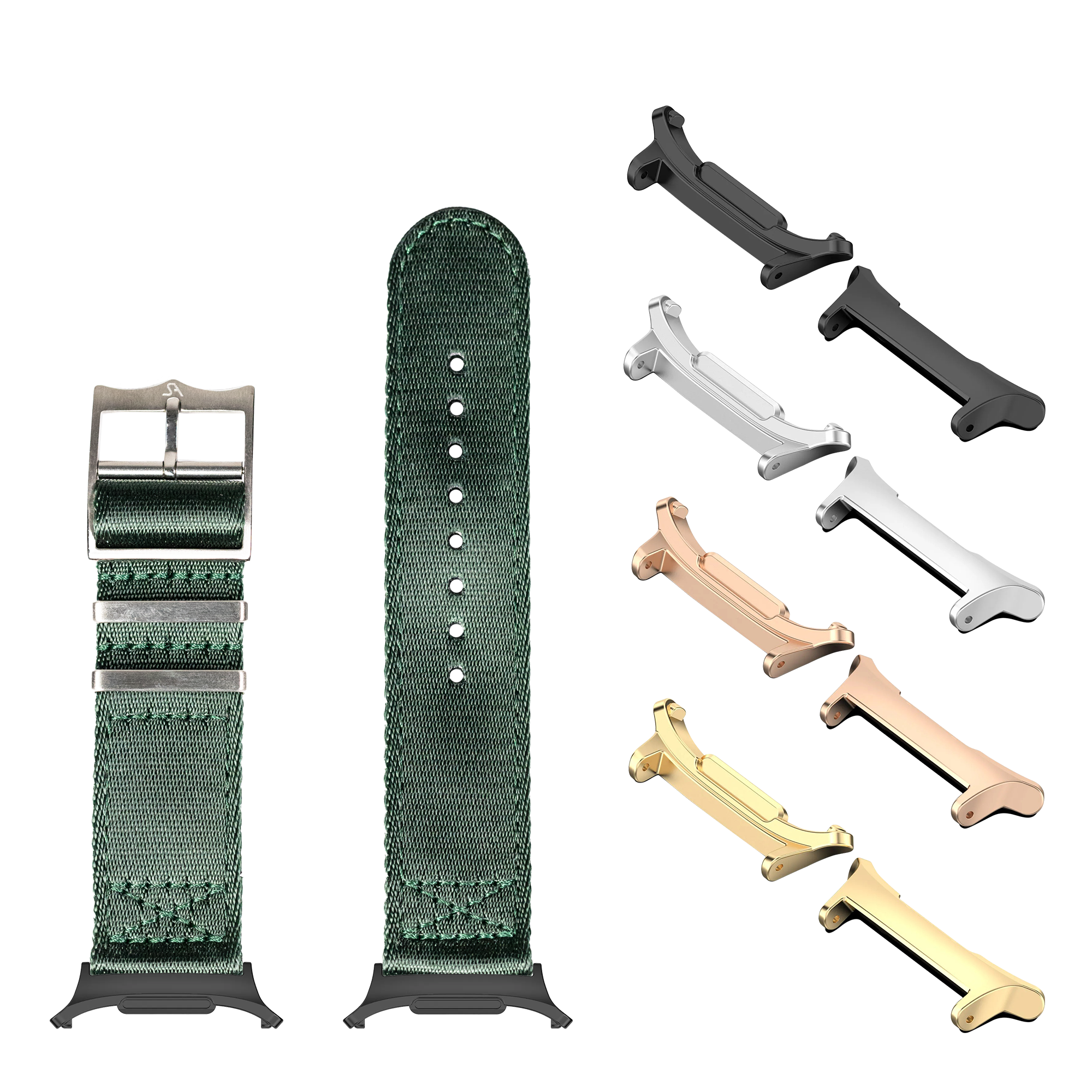 Smartwatch band replacement kit with forest green militex fabric strap, metal buckle, and multiple metal lugs in black, silver, rose gold and gold finishes
