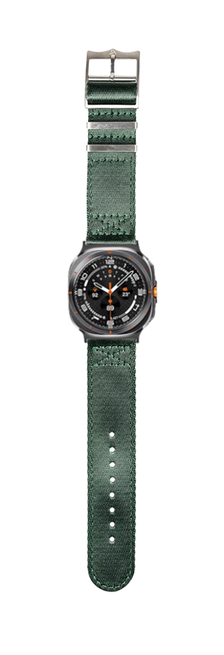Military-style smartwatch with black dial, orange accents, and forest green fabric strap with metal hardware