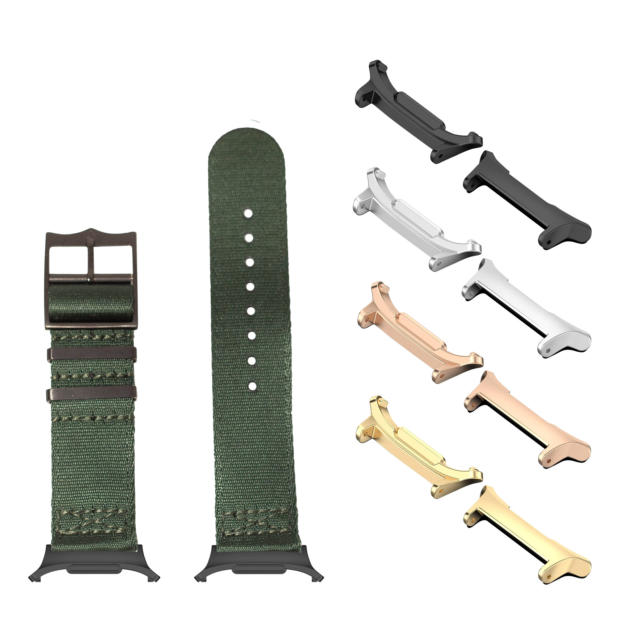 Galaxy Watch 8 Ultra Forest Green military fabric band with black hardware, connectors, and interchangeable metal lugs in multiple finishes