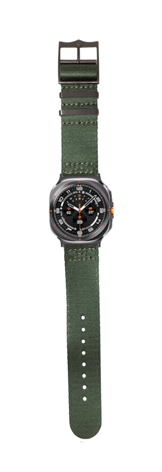 Military-style smartwatch with black dial and orange accents on forest green canvas strap with black hardware