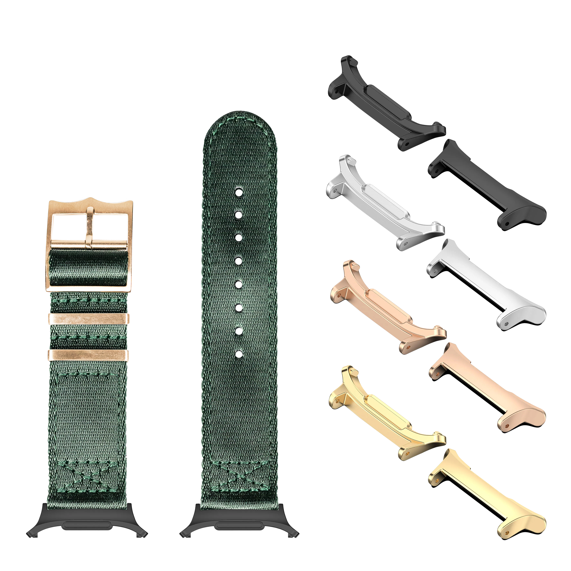 Green fabric watch band with rose gold hardware and interchangeable buckles in multiple finishes, displayed with matching metal clasp options