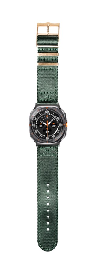 Military-style smartwatch with black dial, orange accents, and forest green fabric strap with wooden hardware