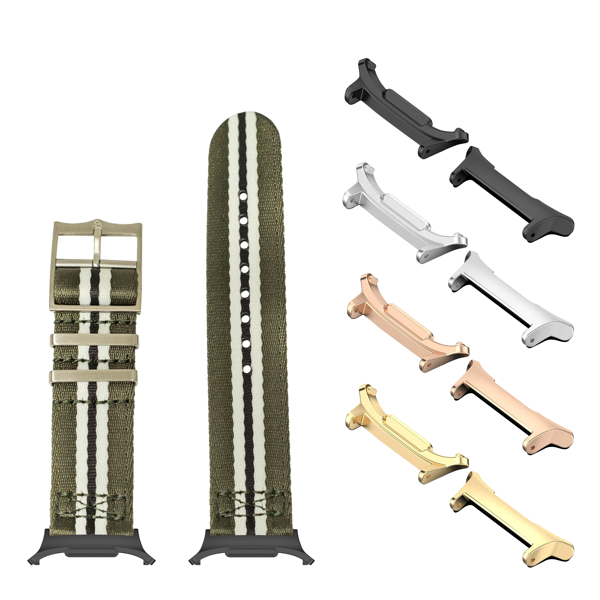 Military-style fabric watch bands in olive green with white stripes, adjustable buckles, and multiple metal connector bars in black, silver, rose gold, and gold finishes