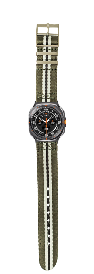 Military-style smartwatch with black dial, orange accents, and olive green canvas strap with white stripes