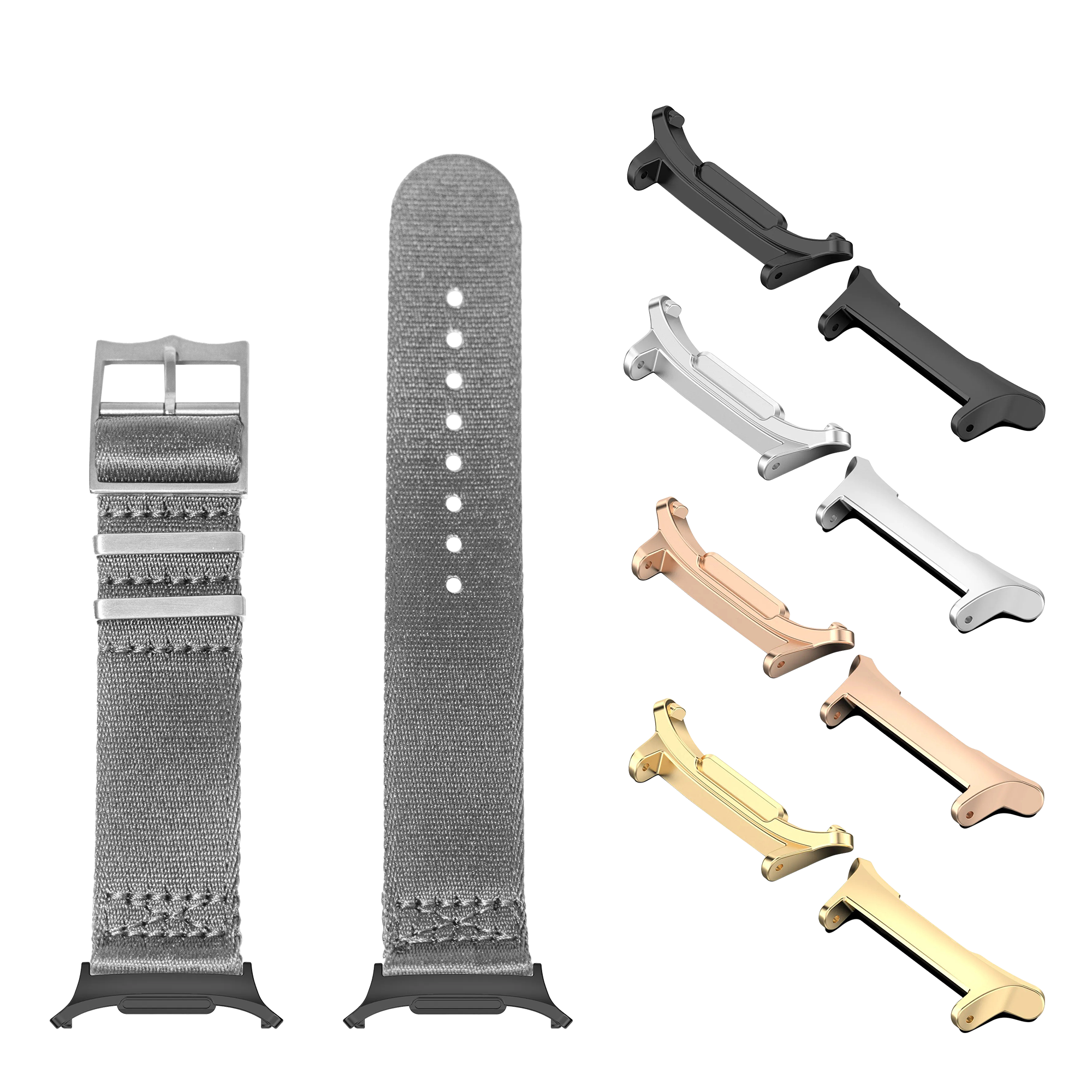 Galaxy Watch smartwatch bands and metal adapters in grey, rose gold, black, white, and gold finishes displayed with size options