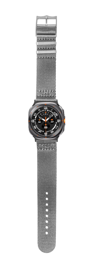 Military-style smartwatch with grey fabric strap and black dial with orange accents displayed flat