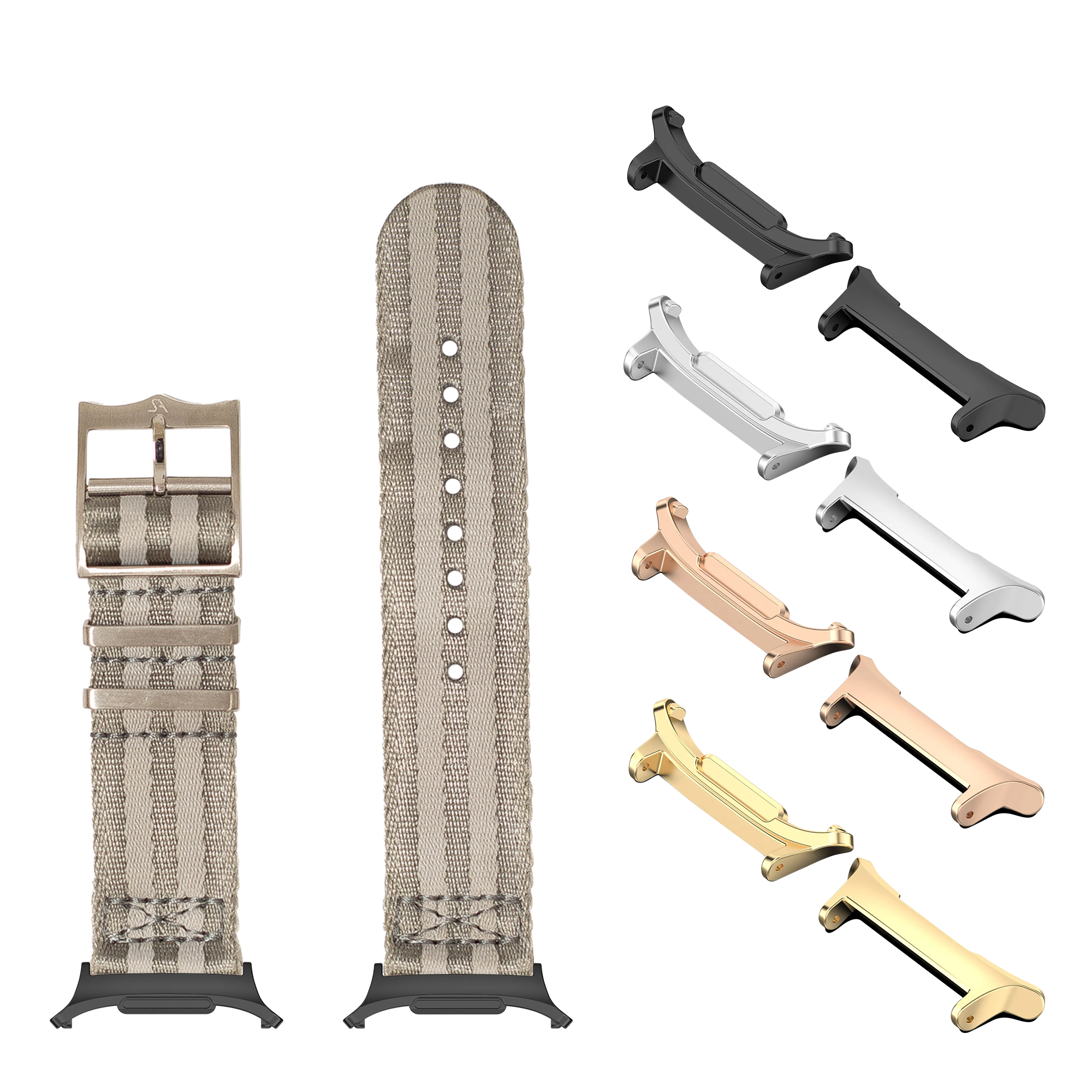 Galaxy Watch smartwatch bands and connectors in multiple colors including grey fabric strap, black, white, rose gold, and gold metal adapters