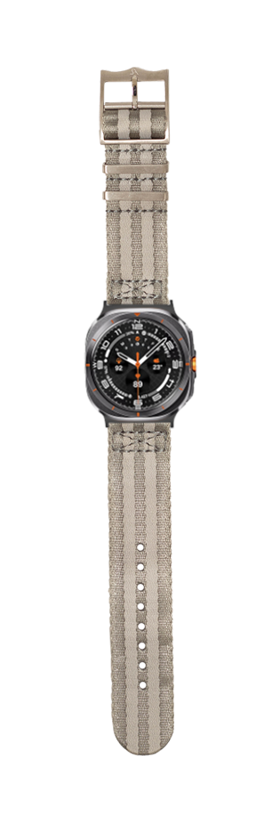 Sports watch with black dial, orange accents, and grey textile military-style band with metal buckle