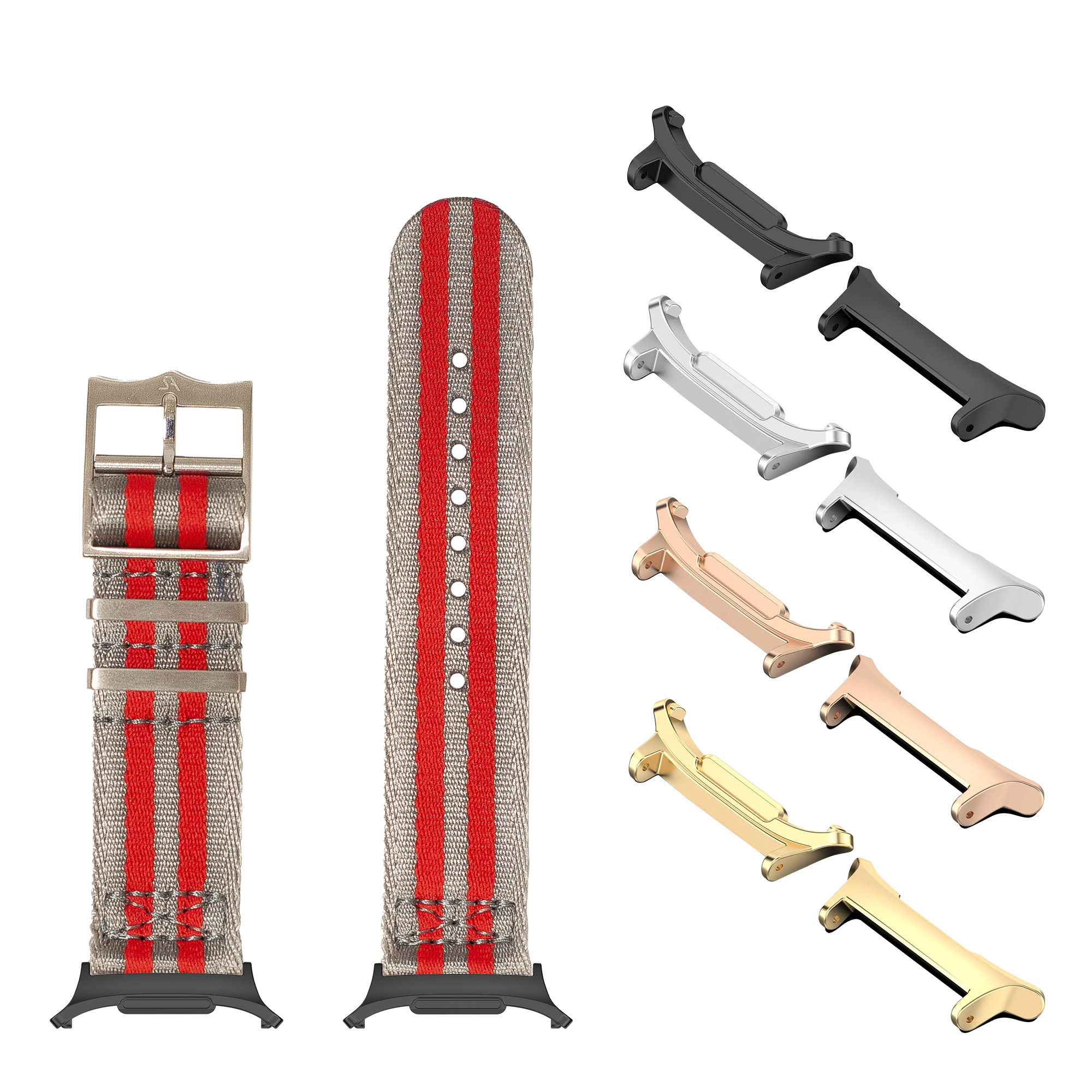 Military-style watch straps and interchangeable lugs in multiple finishes including black, silver, rose gold, and gold with red striped fabric band