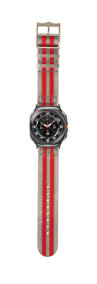 Smartwatch with black case and red striped fabric band, featuring digital display and orange accents