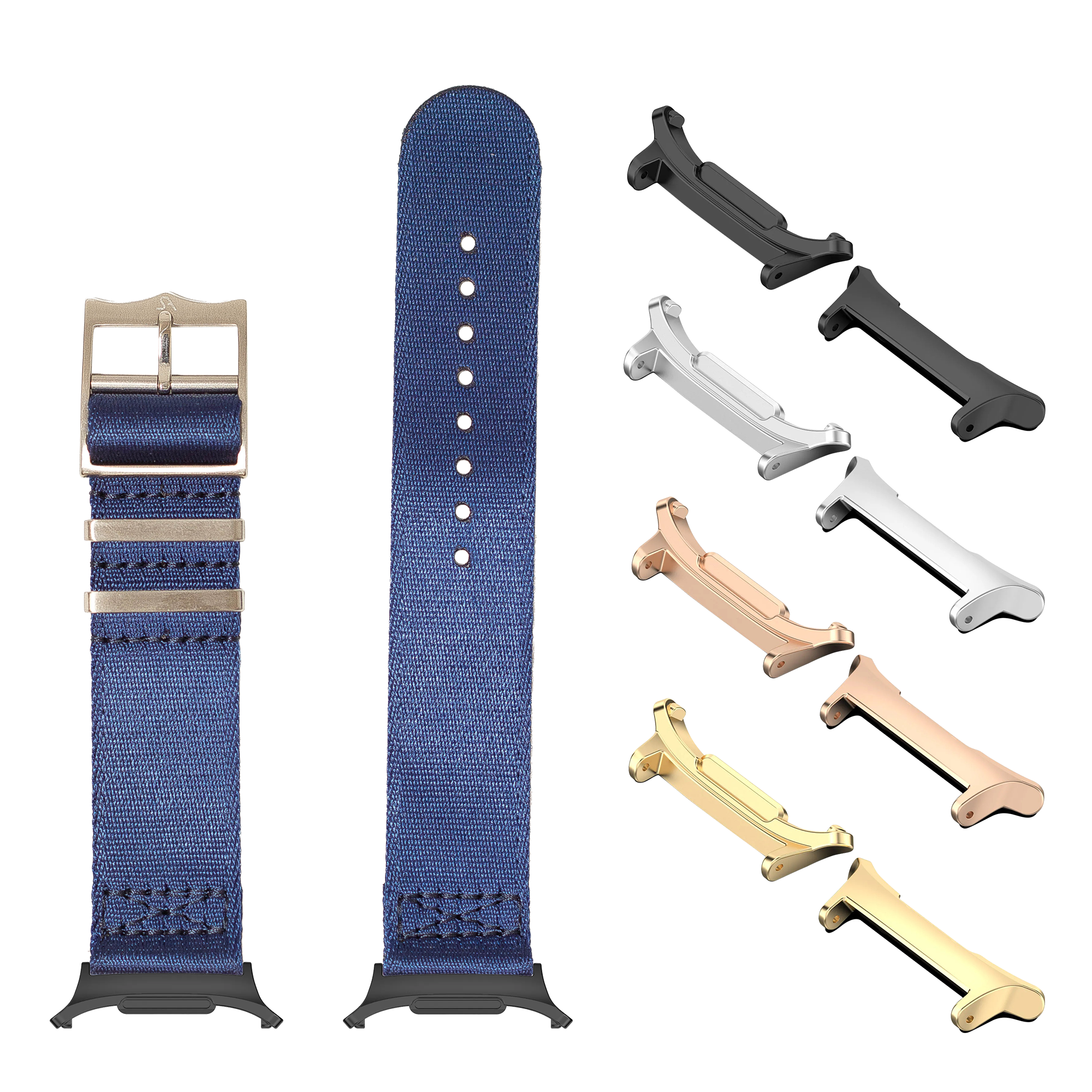 Blue nylon watch band with metal buckle and interchangeable lugs in multiple finishes including black, silver, rose gold, and gold