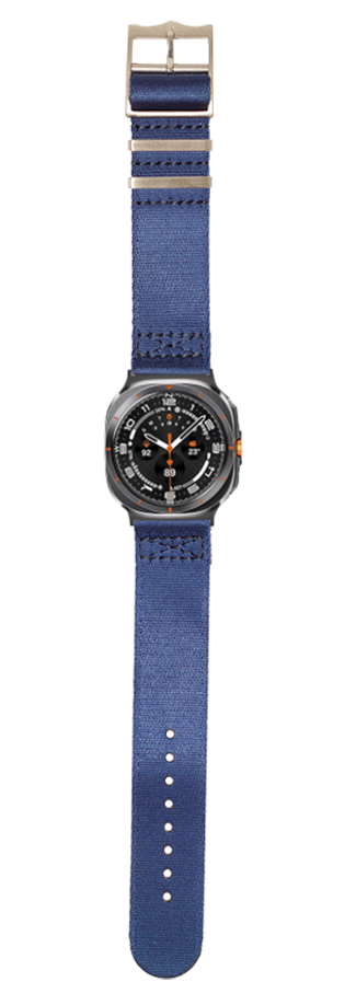Men's smartwatch with navy blue fabric band, black dial with orange accents, and brushed metal case on white background