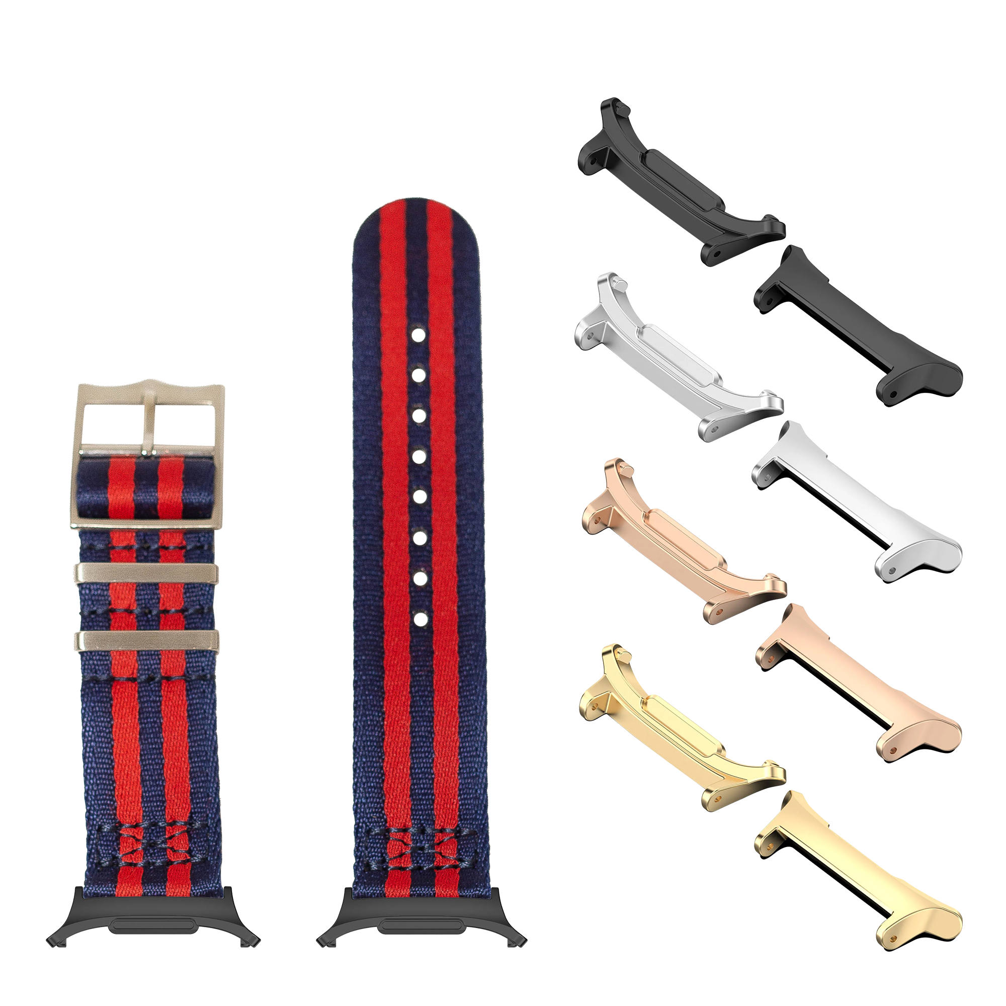 Navy blue and red striped fabric watch band with interchangeable metal buckles in black, silver, rose gold, and gold finishes