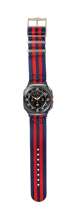 Military sports watch with navy blue and red striped fabric band, black dial, and titanium case on white background